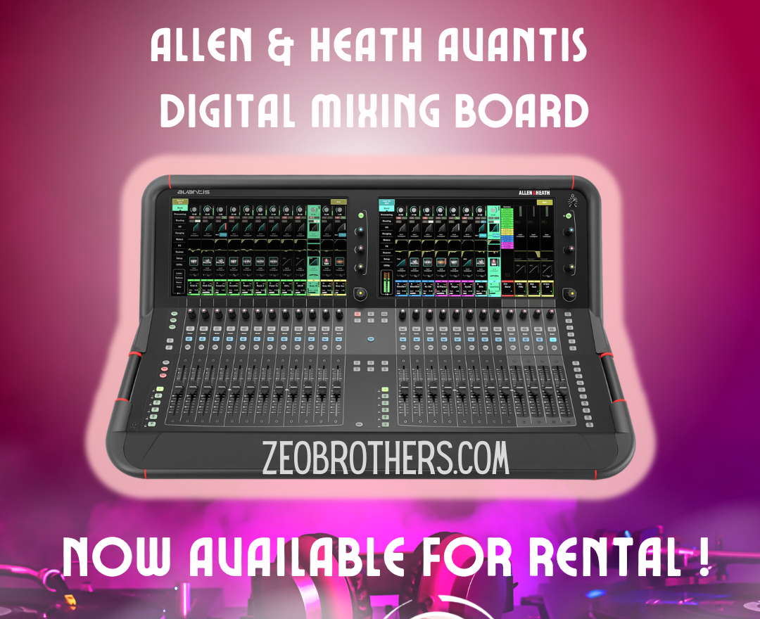 At Zeo Brothers, we continually strive to bring you the best in audio-visual technology, ensuring your events are unforgettable. We are thrilled to announce the latest addition to our rental inventory: the Allen & Heath Avantis Digital Mixing Board. This state-of-the-art equipment promises to revolutionize your sound experience, whether you're hosting a concert, corporate event, or theater production. Unmatched Sound Quality and Flexibility The Allen & Heath Avantis is renowned for its superior sound quality and versatile capabilities. It features a 64-channel, 96kHz FPGA processing core, providing unparalleled audio fidelity and the flexibility to handle complex setups with ease. The dual 15.6-inch Full HD touchscreens offer an intuitive and efficient interface, allowing sound engineers to mix with precision and confidence. Key Features and Benefits 1. Advanced Processing Power: The Avantis boasts Allen & Heath's DEEP and Dyn8 processing, delivering comprehensive control over every aspect of your sound. With 64 input channels and up to 42 configurable buses, you can manage even the most demanding productions. 2. User-Friendly Interface: The board's twin HD touchscreens provide a user-friendly platform for fast access to all mixing functions. The drag-and-drop interface, customizable widgets, and scene recall features streamline operations, ensuring a seamless mixing experience. 3. Robust Connectivity: The Avantis offers extensive connectivity options, including dLive I/O expanders, Dante, Waves, and MADI interfaces. This ensures compatibility with a wide range of external devices and networks, enhancing the board's versatility. 4. Reliability and Durability: Built with the ruggedness that professional environments demand, the Avantis is designed to withstand the rigors of live events and touring. Its robust construction guarantees reliable performance, show after show. Why Choose Zeo Brothers for Your Audio Equipment Rental? At Zeo Brothers, we don't just provide equipment; we offer a complete audio-visual solution. Our team of experienced technicians will assist you in setting up and operating the Avantis, ensuring you get the most out of this cutting-edge mixing board. Whether you're a seasoned sound engineer or new to digital mixing, our support team is here to help you achieve the perfect mix. Elevate Your Event Experience With the Allen & Heath Avantis Digital Mixing Board, your event will benefit from the highest standard of audio quality and operational efficiency. Renting this advanced equipment from Zeo Brothers guarantees that your audience will enjoy crystal-clear sound, enhancing their overall experience. Ready to take your event audio to the next level? Contact Zeo Brothers today to learn more about renting the Allen & Heath Avantis Digital Mixing Board and other top-of-the-line audio-visual equipment.